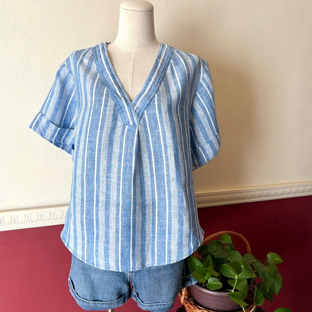 Pilcro Anthropologie Linen Henley‎ Surf Shirt V-Neck Top Blue White XS Oversized